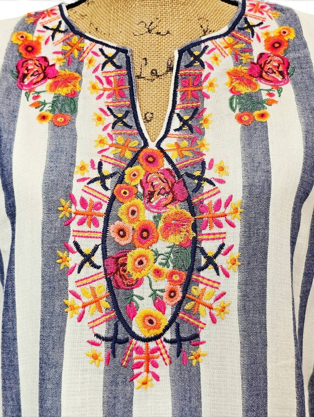 THML Boho Embroidered Floral Blue & White Striped Flutter-Sleeve Shift Dress, M - Picture 3 of 7